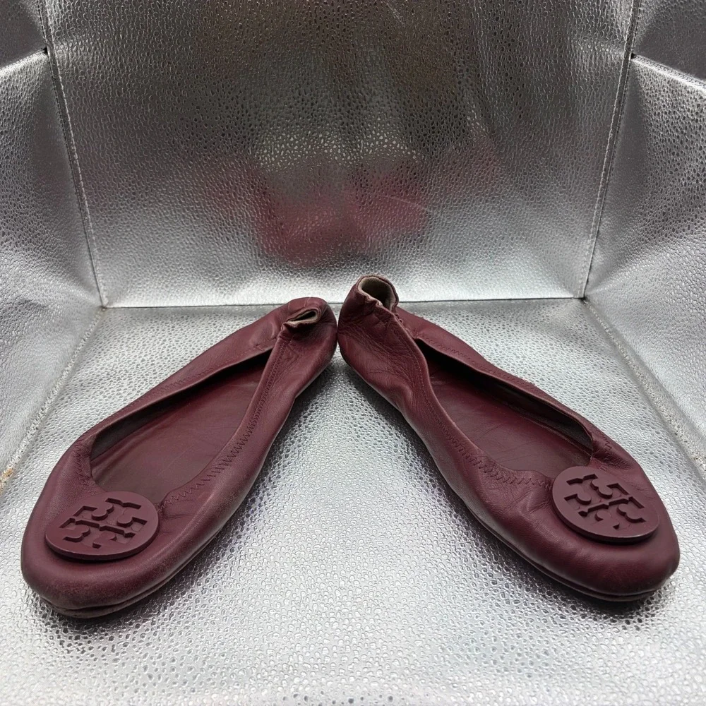 Size 11 M Tory Burch Minnie Burgundy Womens Leather Logo Travel Ballet‎ Flats